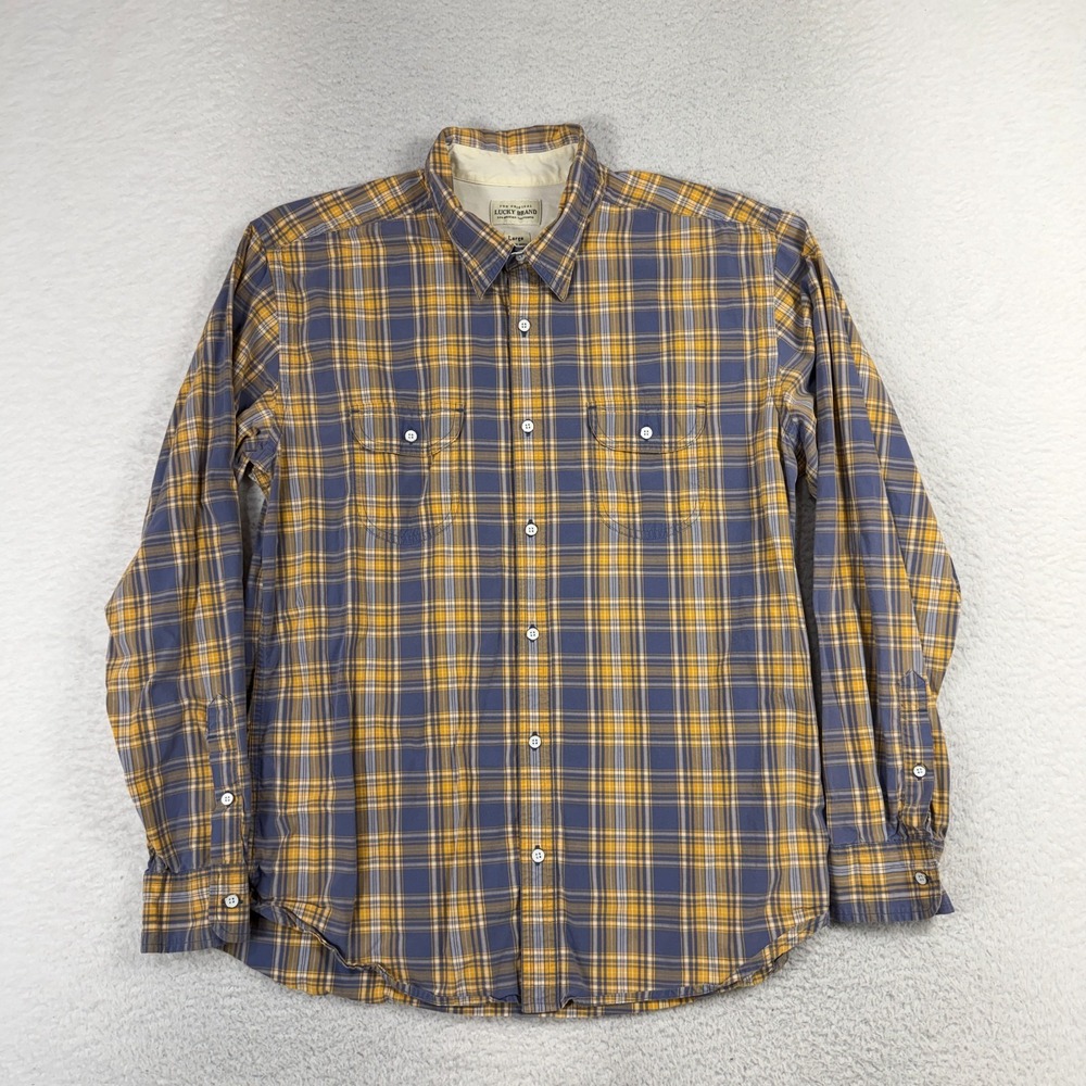 Lucky Brand Shirt Mens Large Yellow Plaid Casual Button Up Long Sleeve Classic